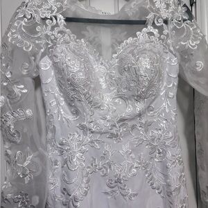 Embroidered White Bridal Gown with Illusion Sleeves. New. Never Worn.